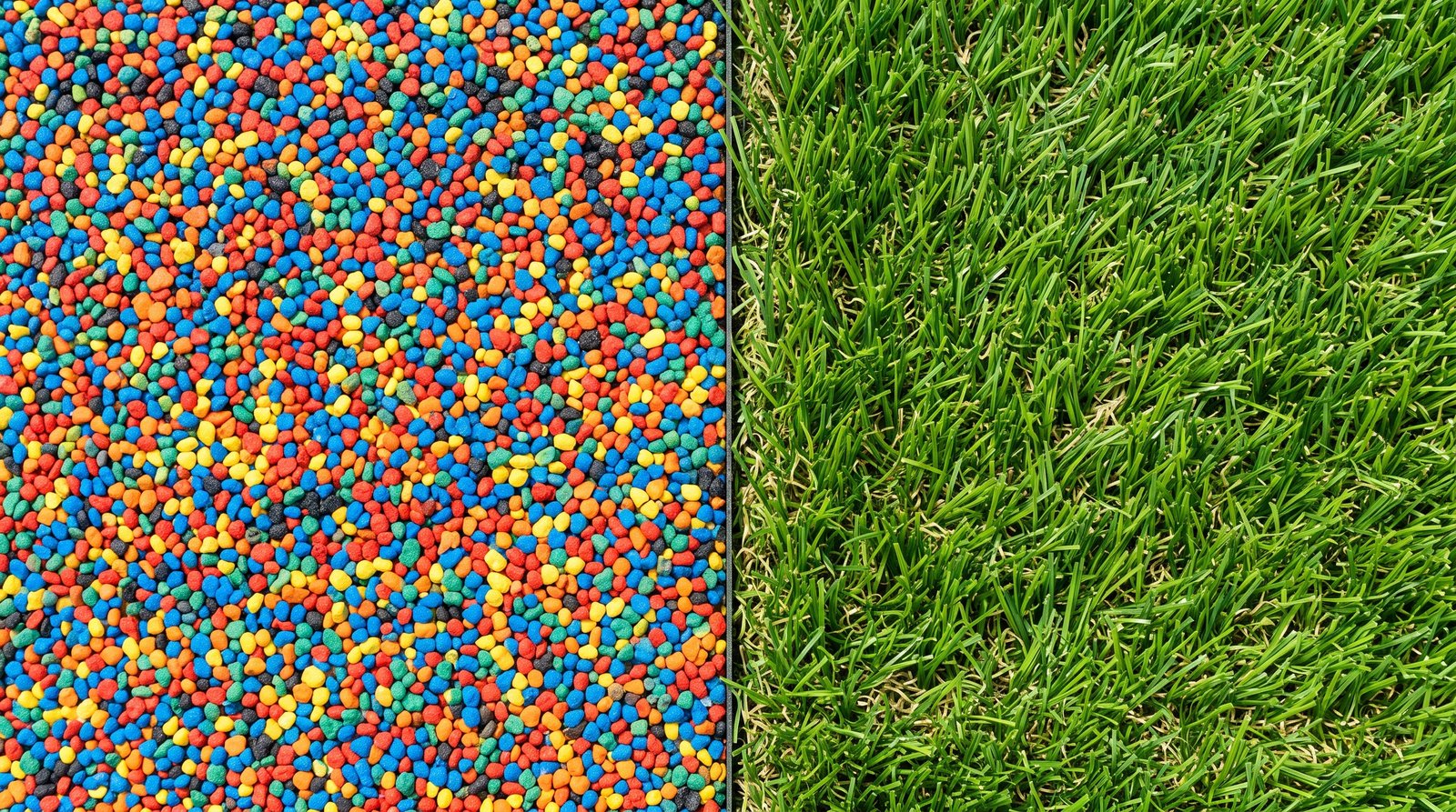 Comparação visual lado a lado entre piso emborrachado colorido e grama sintética