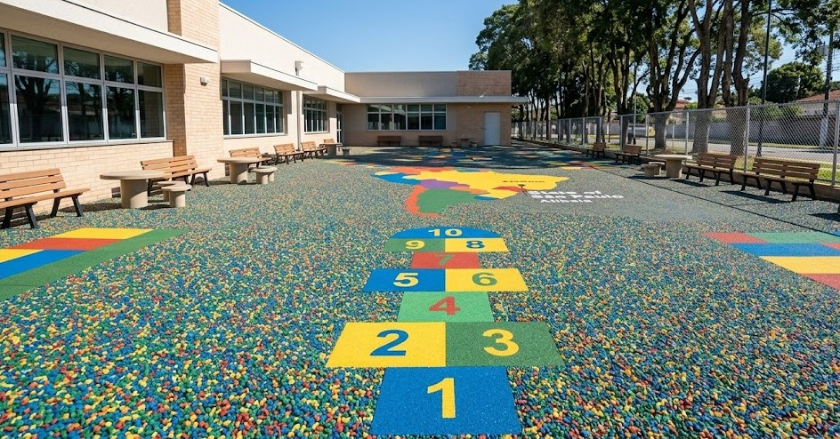Piso emborrachado em escola com desenhos lúdicos pedagógicos