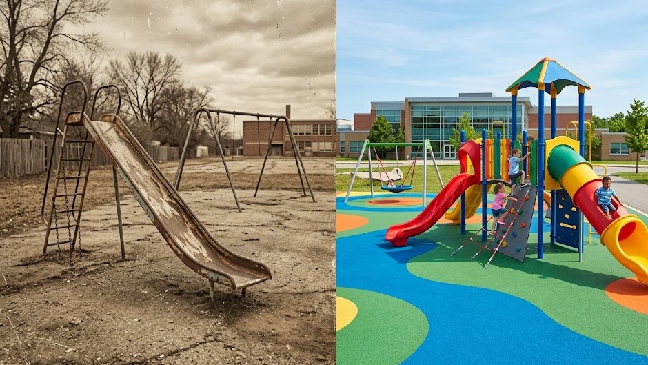 Playground antigo dos anos 1960 em contraste com playground moderno com piso monolítico colorido