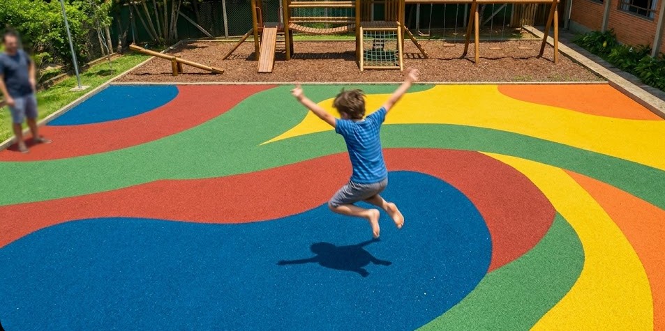 Criança pulando em playground com piso emborrachado de segurança colorido