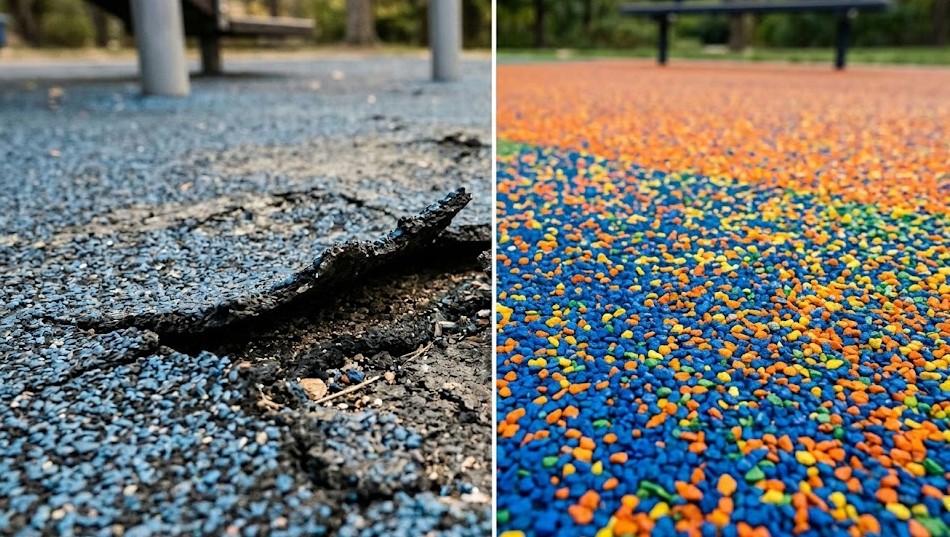 Comparativo antes e depois de obra de correção de piso emborrachado